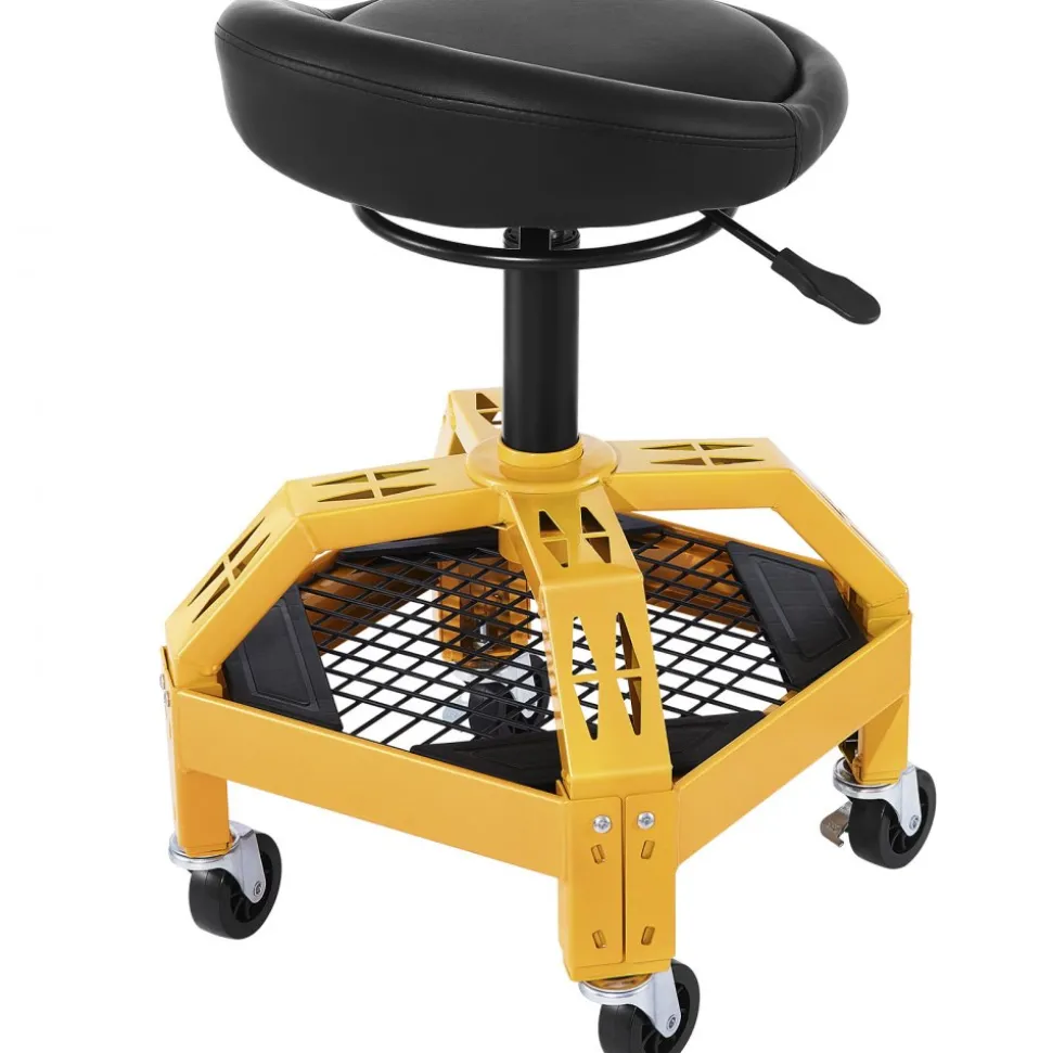 VEVOR Rolling Garage Stool, 300LBS Capacity, Adjustable Height from 24 in to 28.7 in, Mechanic Seat with 360-degree Swivel Wheels and Tool Tray, for Workshop, Auto Repair Shop, Yellow