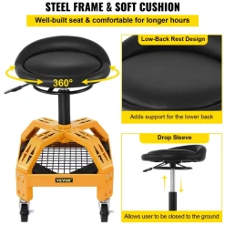 VEVOR Rolling Garage Stool, 300LBS Capacity, Adjustable Height from 24 in to 28.7 in, Mechanic Seat with 360-degree Swivel Wheels and Tool Tray, for Workshop, Auto Repair Shop, Yellow
