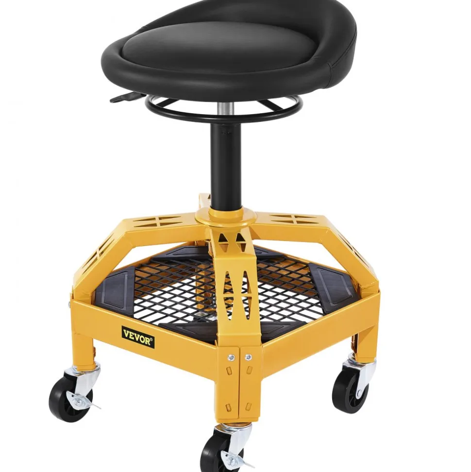 VEVOR Rolling Garage Stool, 300LBS Capacity, Adjustable Height from 24 in to 28.7 in, Mechanic Seat with 360-degree Swivel Wheels and Tool Tray, for Workshop, Auto Repair Shop, Yellow