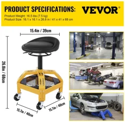 VEVOR Rolling Garage Stool, 300LBS Capacity, Adjustable Height from 24 in to 28.7 in, Mechanic Seat with 360-degree Swivel Wheels and Tool Tray, for Workshop, Auto Repair Shop, Yellow
