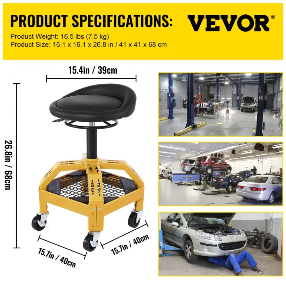 VEVOR Rolling Garage Stool, 300LBS Capacity, Adjustable Height from 24 in to 28.7 in, Mechanic Seat with 360-degree Swivel Wheels and Tool Tray, for Workshop, Auto Repair Shop, Yellow