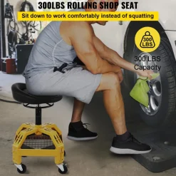 VEVOR Rolling Garage Stool, 300LBS Capacity, Adjustable Height from 24 in to 28.7 in, Mechanic Seat with 360-degree Swivel Wheels and Tool Tray, for Workshop, Auto Repair Shop, Yellow