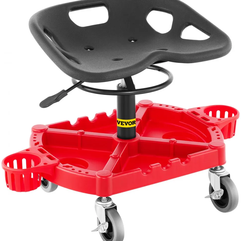VEVOR Rolling Garage Stool, 300LBS Capacity, Adjustable Height from 18 in to 23 in, 360-degree Swivel Wheels (4"), Large Tool Tray with Two Bottle Holder, for Workshop, Auto Repair Shop, Red