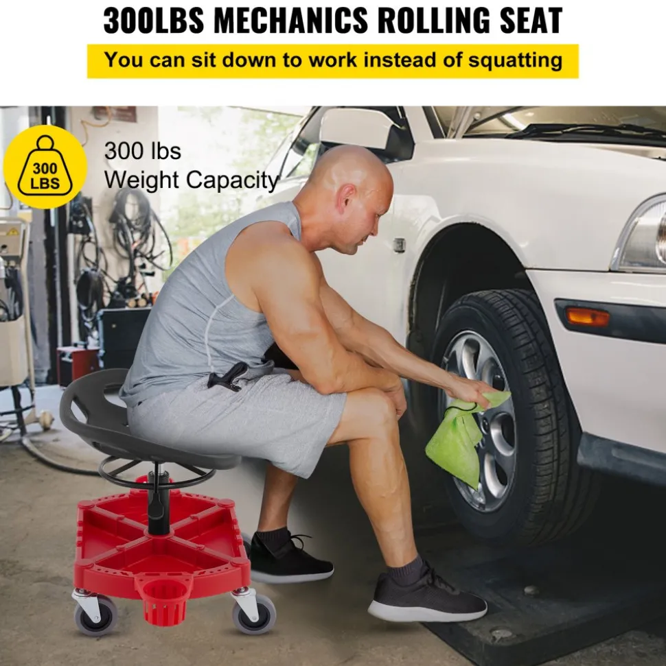 VEVOR Rolling Garage Stool, 300LBS Capacity, Adjustable Height from 18 in to 23 in, 360-degree Swivel Wheels (4"), Large Tool Tray with Two Bottle Holder, for Workshop, Auto Repair Shop, Red
