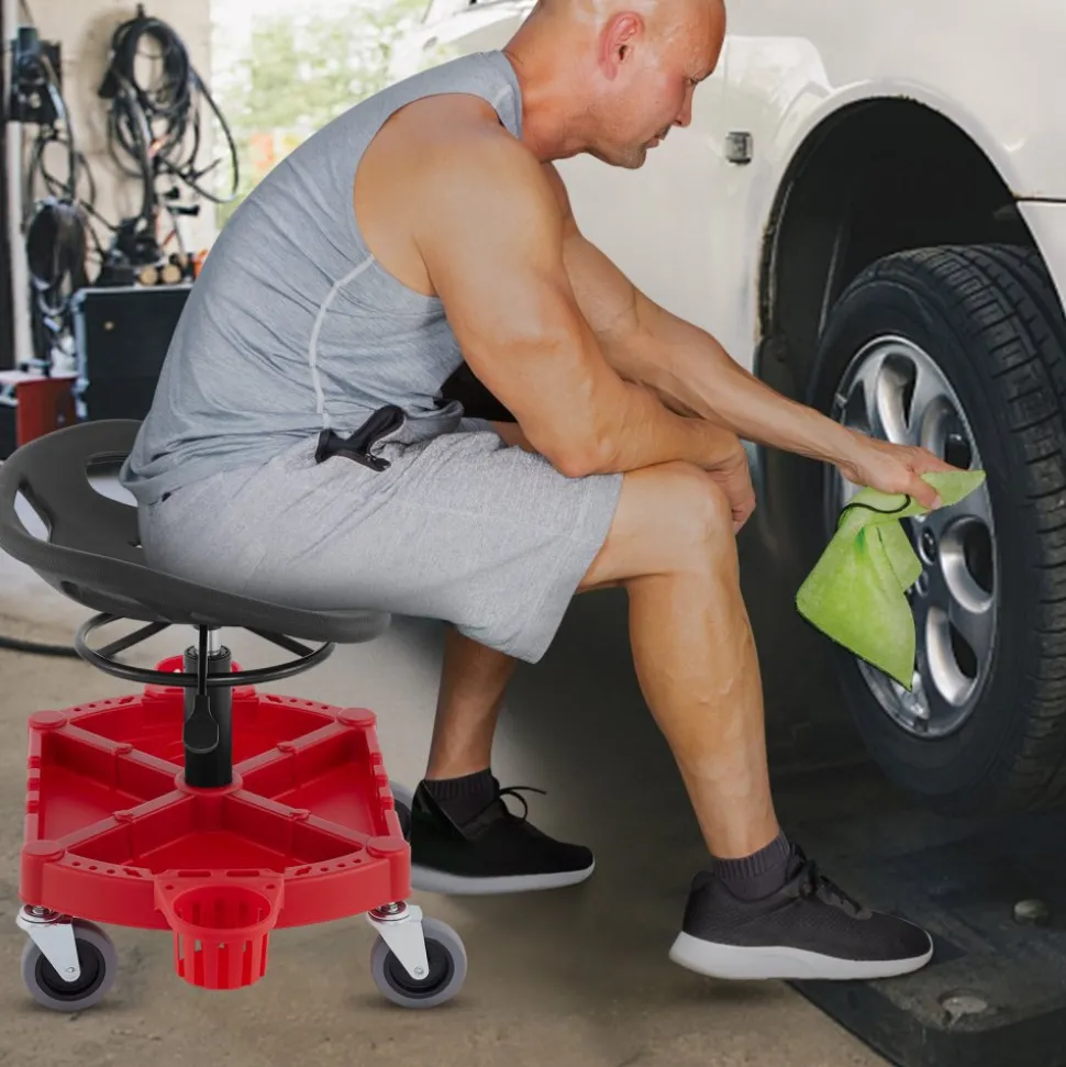 VEVOR Rolling Garage Stool, 300LBS Capacity, Adjustable Height from 18 in to 23 in, 360-degree Swivel Wheels (4"), Large Tool Tray with Two Bottle Holder, for Workshop, Auto Repair Shop, Red