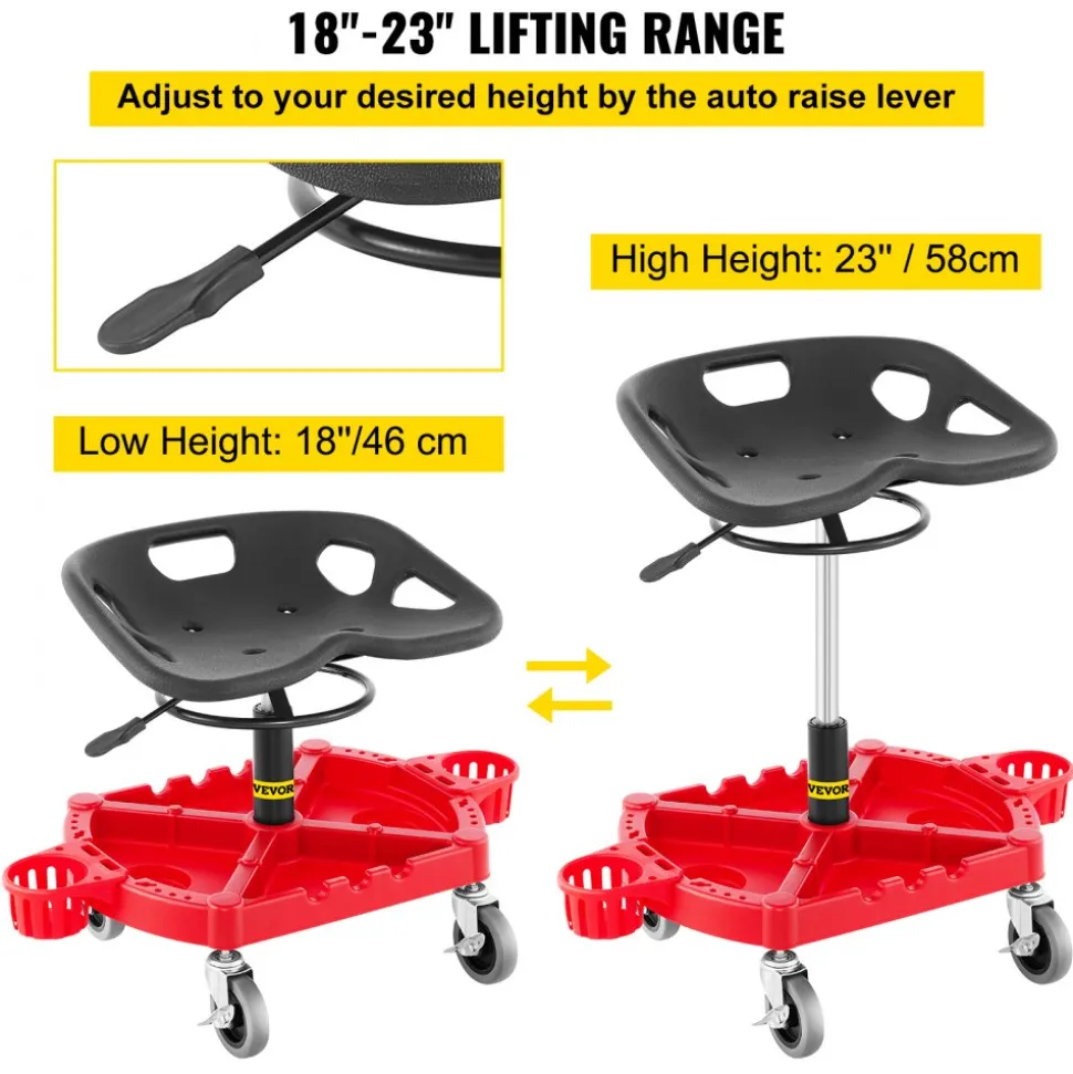 VEVOR Rolling Garage Stool, 300LBS Capacity, Adjustable Height from 18 in to 23 in, 360-degree Swivel Wheels (4"), Large Tool Tray with Two Bottle Holder, for Workshop, Auto Repair Shop, Red
