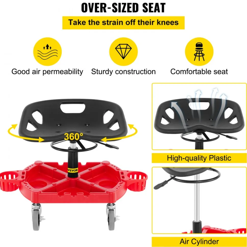 VEVOR Rolling Garage Stool, 300LBS Capacity, Adjustable Height from 18 in to 23 in, 360-degree Swivel Wheels (4"), Large Tool Tray with Two Bottle Holder, for Workshop, Auto Repair Shop, Red