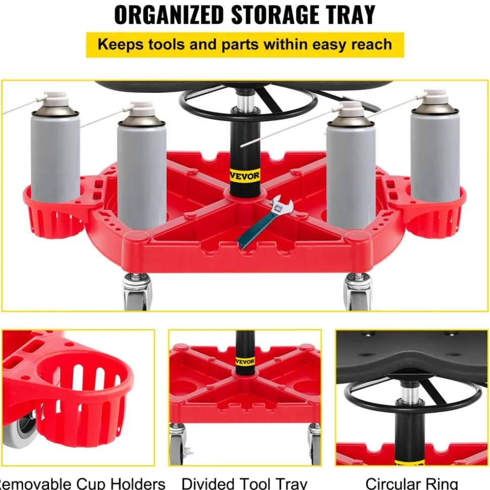 VEVOR Rolling Garage Stool, 300LBS Capacity, Adjustable Height from 18 in to 23 in, 360-degree Swivel Wheels (4"), Large Tool Tray with Two Bottle Holder, for Workshop, Auto Repair Shop, Red