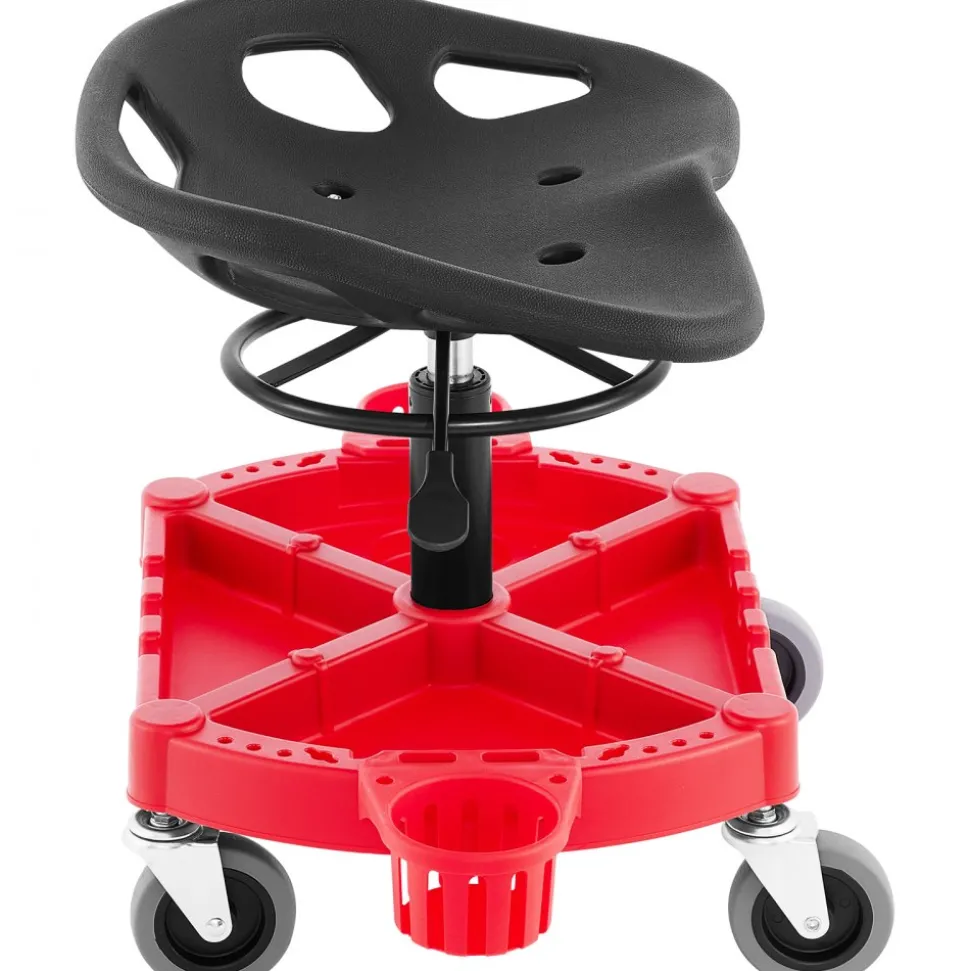 VEVOR Rolling Garage Stool, 300LBS Capacity, Adjustable Height from 18 in to 23 in, 360-degree Swivel Wheels (4"), Large Tool Tray with Two Bottle Holder, for Workshop, Auto Repair Shop, Red