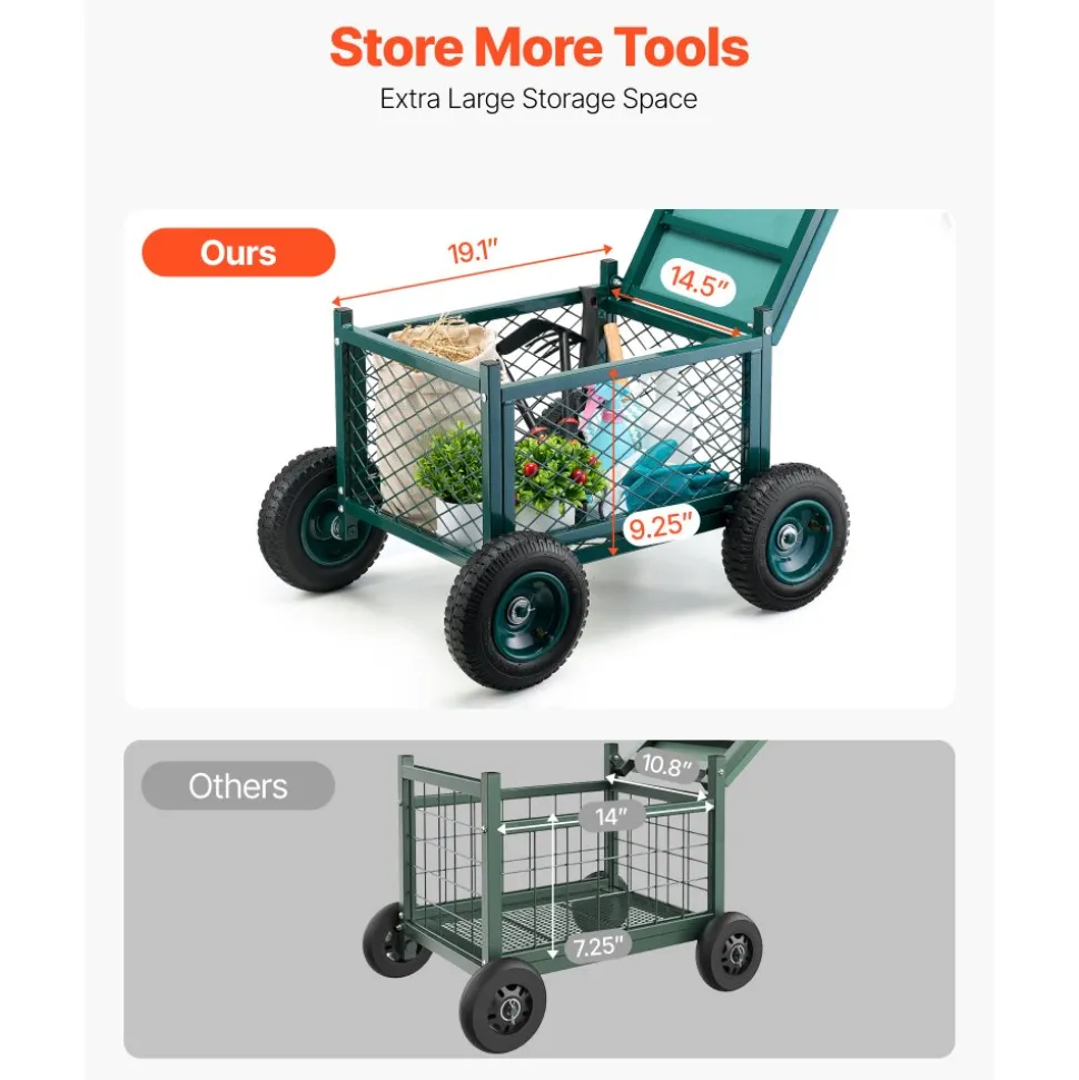 VEVOR Rolling Garden Cart with Seat, Metal Rolling Garden Work Seat with Wheels, Supports up to 400 LBS, Heavy Duty Gardening Cart Scooter, Outdoor Wagon & Stool on Wheels for Lawn, Patio, Backyard