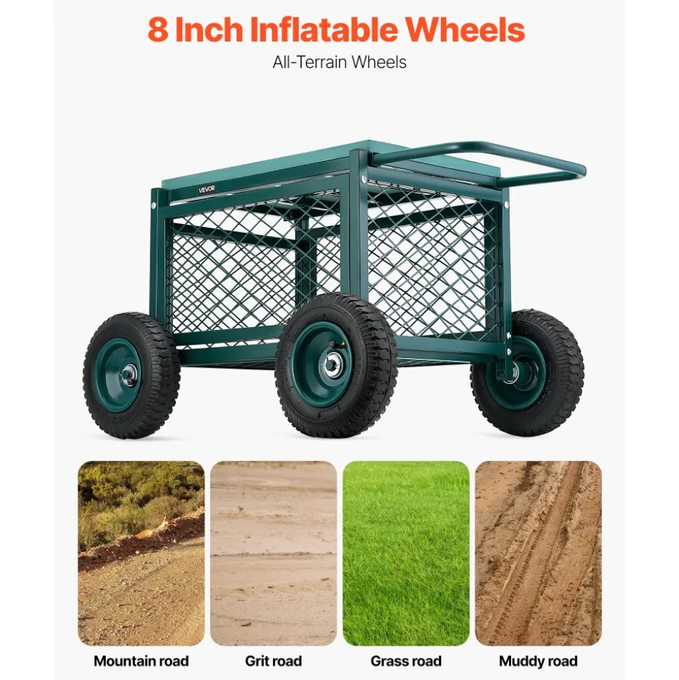 VEVOR Rolling Garden Cart with Seat, Metal Rolling Garden Work Seat with Wheels, Supports up to 400 LBS, Heavy Duty Gardening Cart Scooter, Outdoor Wagon & Stool on Wheels for Lawn, Patio, Backyard