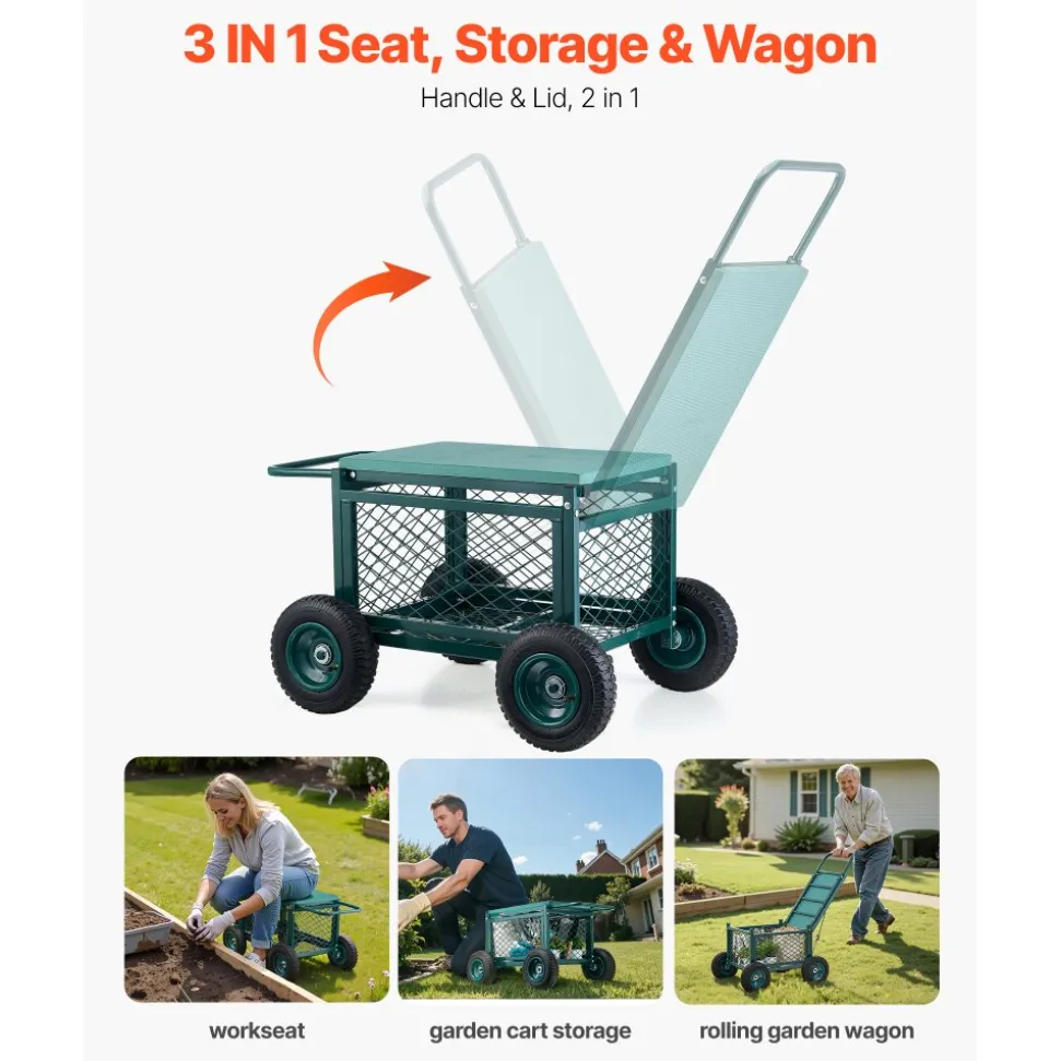 VEVOR Rolling Garden Cart with Seat, Metal Rolling Garden Work Seat with Wheels, Supports up to 400 LBS, Heavy Duty Gardening Cart Scooter, Outdoor Wagon & Stool on Wheels for Lawn, Patio, Backyard