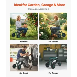 VEVOR  Rolling Garden Cart with Swivel Seat, Heavy Duty Garden Seat with Storage Basket & Tool Tray, 300 lbs Weight Capacity, Outdoor Utility Gardening Stool Scooter for Lawn Yard Planting Weeding