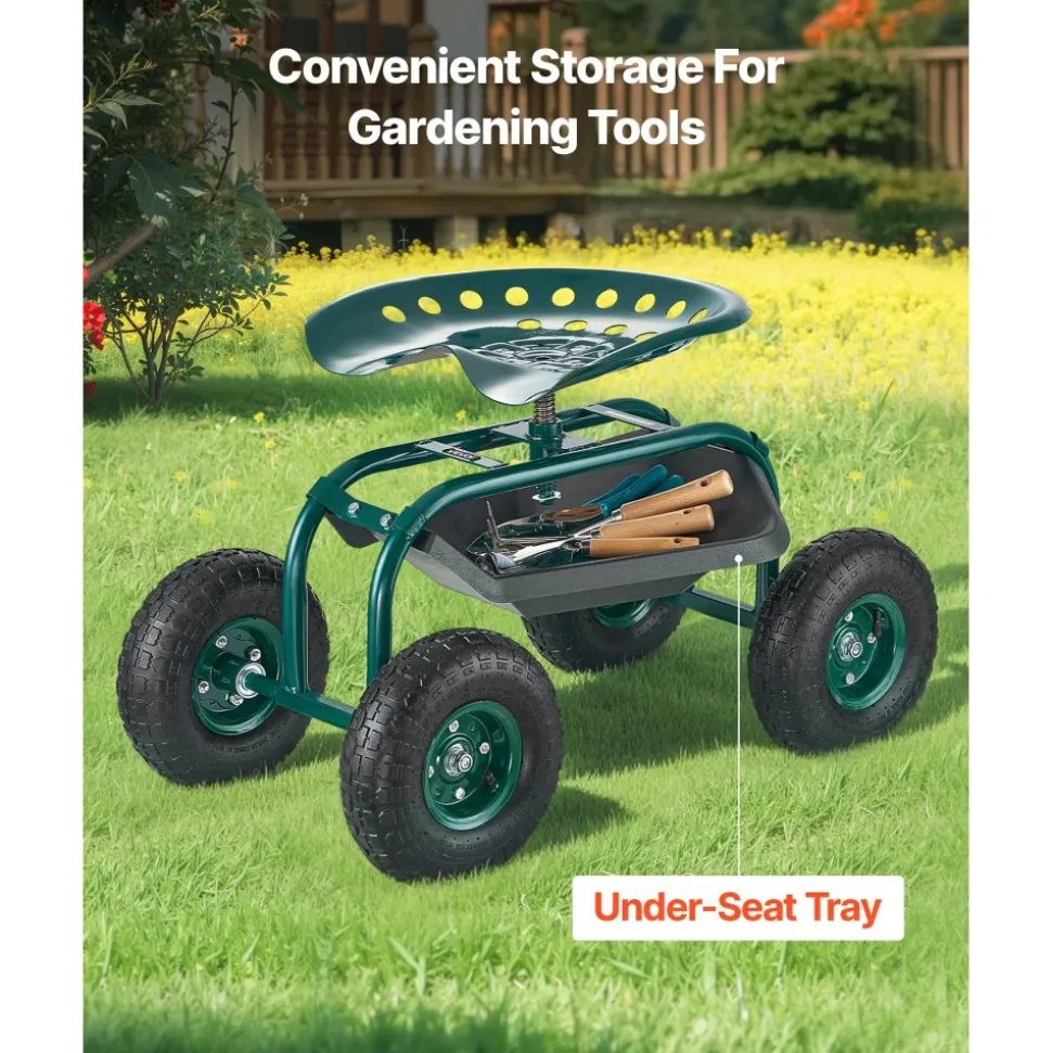 VEVOR Rolling Garden Cart with Swivel Seat, Heavy Duty Garden Seat with Storage Basket & Tool Tray, 300 lbs Weight Capacity, Outdoor Utility Gardening Stool Scooter for Lawn Yard Planting Weeding