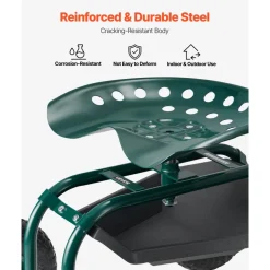 VEVOR Rolling Garden Cart with Swivel Seat, Heavy Duty Garden Seat with Storage Basket & Tool Tray, 300 lbs Weight Capacity, Outdoor Utility Gardening Stool Scooter for Lawn Yard Planting Weeding