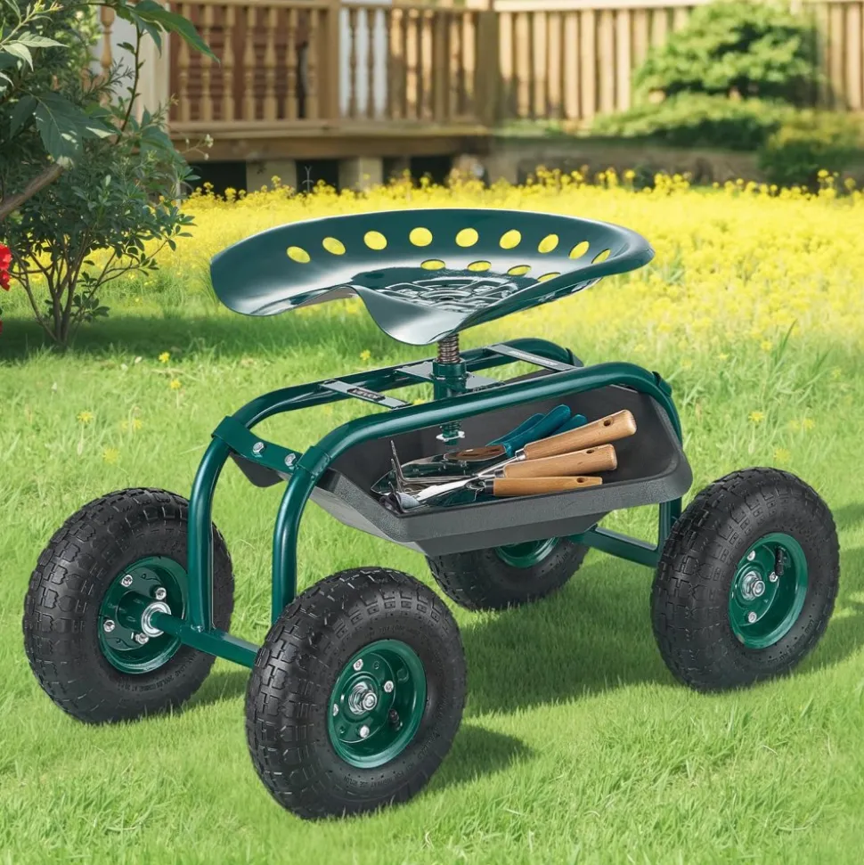 VEVOR Rolling Garden Cart with Swivel Seat, Heavy Duty Garden Seat with Storage Basket & Tool Tray, 300 lbs Weight Capacity, Outdoor Utility Gardening Stool Scooter for Lawn Yard Planting Weeding