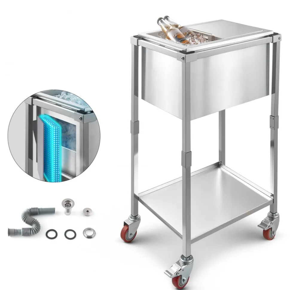 VEVOR Rolling Ice Chest Cooler Cart, 20"L x 14"W x 38"H Stainless Steel Cooling Bin on Wheels, 29.6 Quart Outdoor Stand Up Cooler Trolley with Shelf, for Patio Backyard Party Bar Cold Drinks