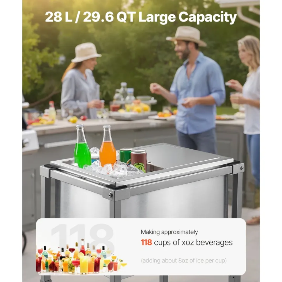 VEVOR Rolling Ice Chest Cooler Cart, 20"L x 14"W x 38"H Stainless Steel Cooling Bin on Wheels, 29.6 Quart Outdoor Stand Up Cooler Trolley with Shelf, for Patio Backyard Party Bar Cold Drinks
