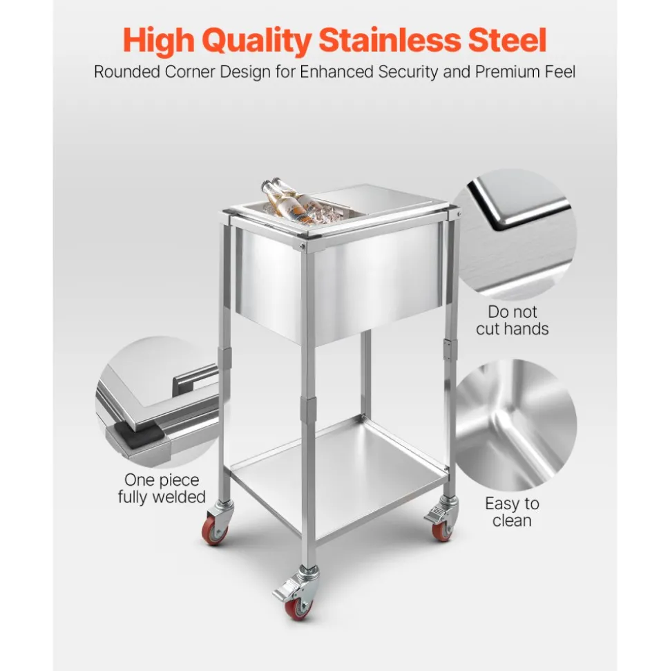 VEVOR Rolling Ice Chest Cooler Cart, 20"L x 14"W x 38"H Stainless Steel Cooling Bin on Wheels, 29.6 Quart Outdoor Stand Up Cooler Trolley with Shelf, for Patio Backyard Party Bar Cold Drinks