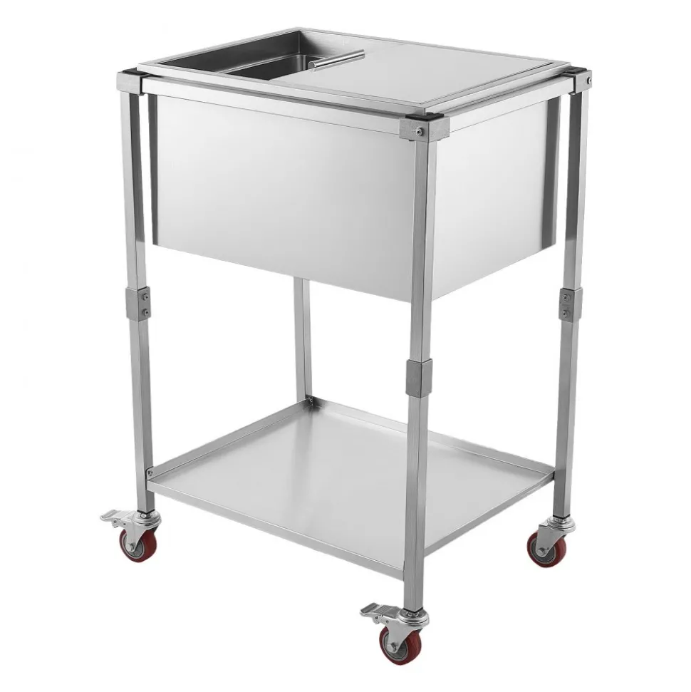 VEVOR Rolling Ice Chest Cooler Cart Stainless Steel Cooling Bin 44.8 Quart, Outdoor Stand Up Cooler Trolley with Wheels, Sliding Lid, Shelf, for Patio Backyard Party Bar Cold Drinks, 26x19.9x38.8 in