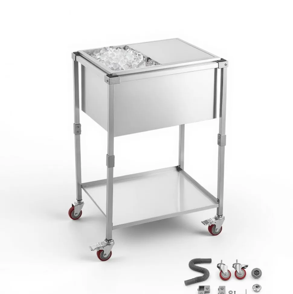 VEVOR Rolling Ice Chest Cooler Cart Stainless Steel Cooling Bin 44.8 Quart, Outdoor Stand Up Cooler Trolley with Wheels, Sliding Lid, Shelf, for Patio Backyard Party Bar Cold Drinks, 26x19.9x38.8 in