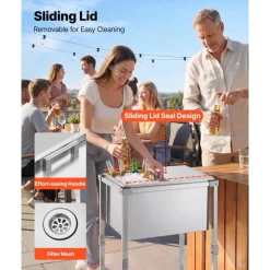 VEVOR Rolling Ice Chest Cooler Cart Stainless Steel Cooling Bin 44.8 Quart, Outdoor Stand Up Cooler Trolley with Wheels, Sliding Lid, Shelf, for Patio Backyard Party Bar Cold Drinks, 26x19.9x38.8 in