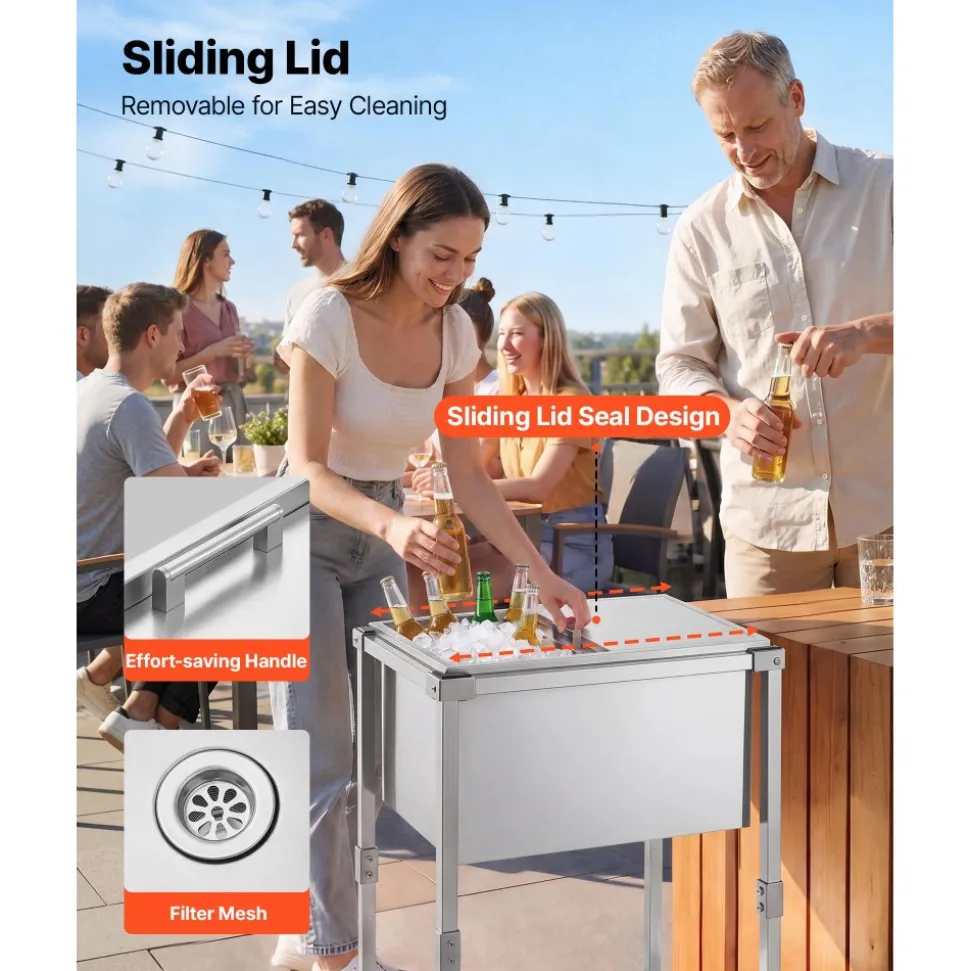 VEVOR Rolling Ice Chest Cooler Cart Stainless Steel Cooling Bin 44.8 Quart, Outdoor Stand Up Cooler Trolley with Wheels, Sliding Lid, Shelf, for Patio Backyard Party Bar Cold Drinks, 26x19.9x38.8 in
