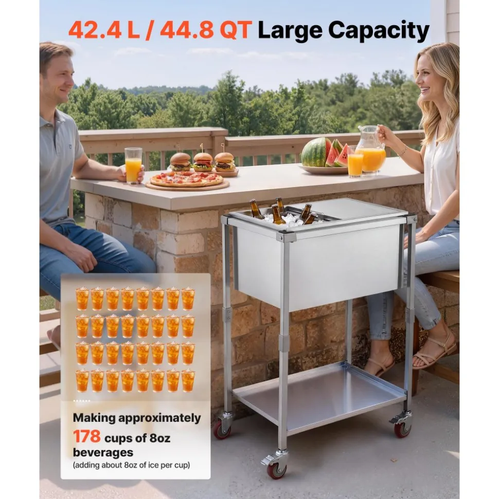 VEVOR Rolling Ice Chest Cooler Cart Stainless Steel Cooling Bin 44.8 Quart, Outdoor Stand Up Cooler Trolley with Wheels, Sliding Lid, Shelf, for Patio Backyard Party Bar Cold Drinks, 26x19.9x38.8 in
