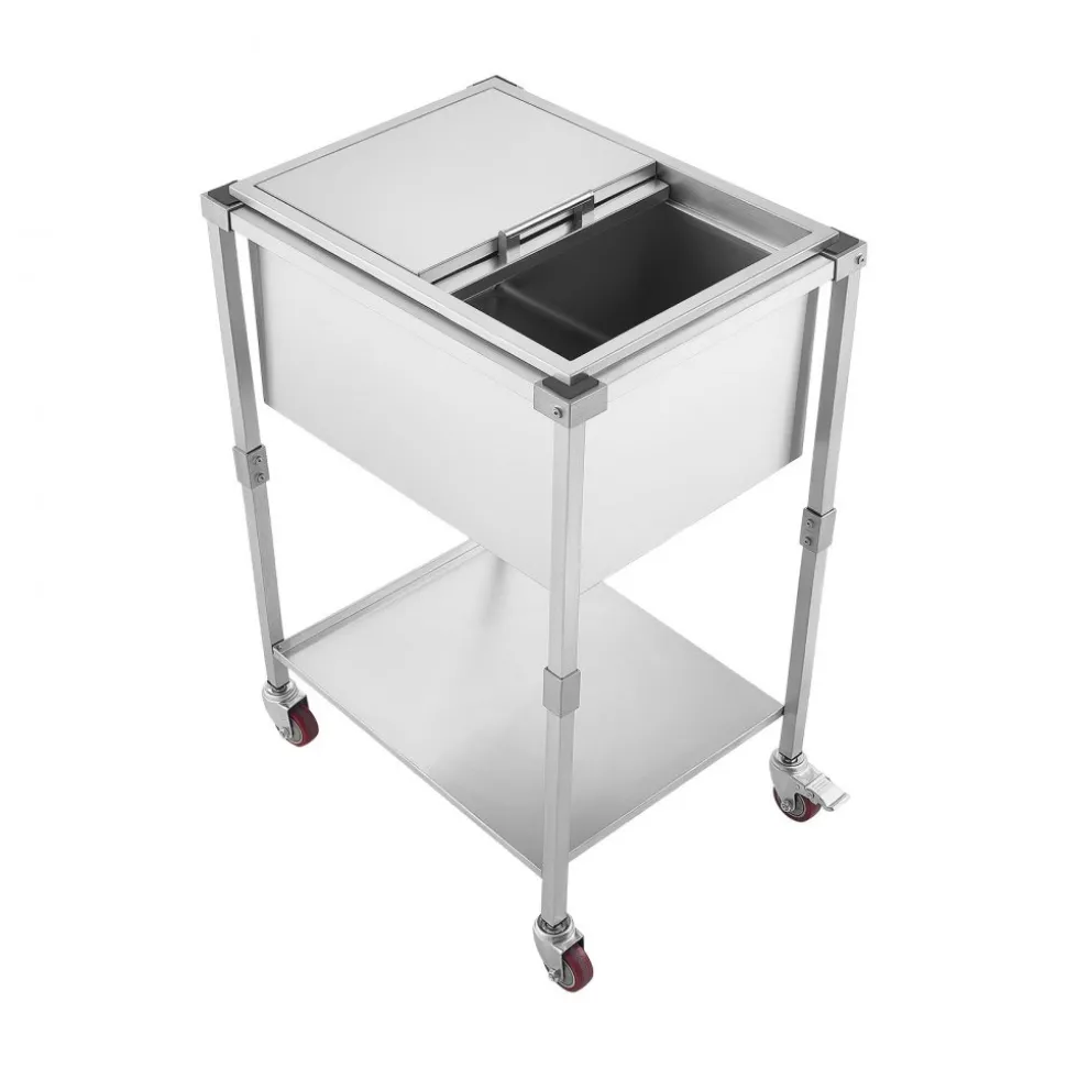 VEVOR Rolling Ice Chest Cooler Cart Stainless Steel Cooling Bin 44.8 Quart, Outdoor Stand Up Cooler Trolley with Wheels, Sliding Lid, Shelf, for Patio Backyard Party Bar Cold Drinks, 26x19.9x38.8 in