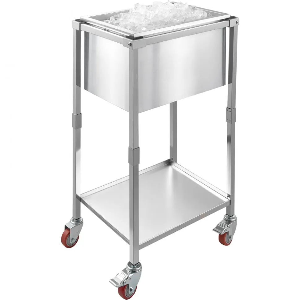 VEVOR Rolling Ice Chest Cooler Cart, 22"L x 16"W x 38"H Stainless Steel Cooling Bin on Wheels, 32.8 Quart Outdoor Stand Up Cooler Trolley with Shelf, for Patio Backyard Party Bar Cold Drinks