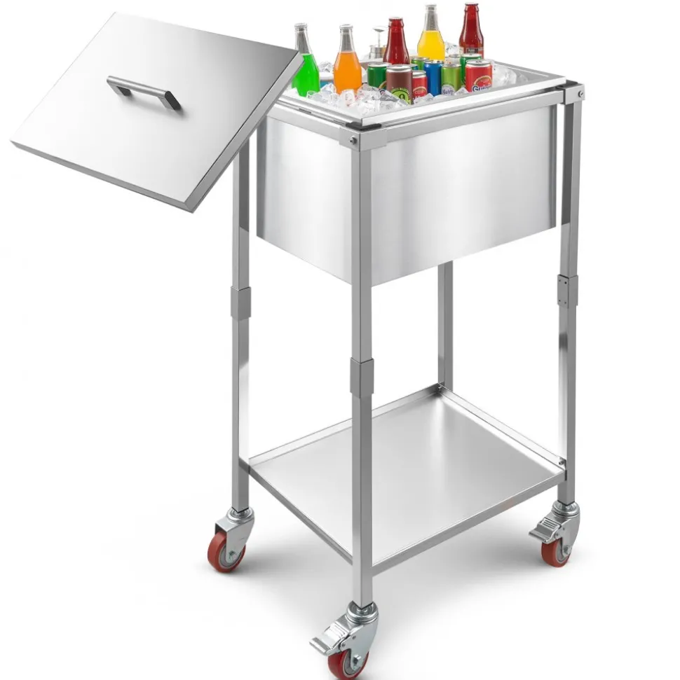 VEVOR Rolling Ice Chest Cooler Cart, 22"L x 16"W x 38"H Stainless Steel Cooling Bin on Wheels, 32.8 Quart Outdoor Stand Up Cooler Trolley with Shelf, for Patio Backyard Party Bar Cold Drinks