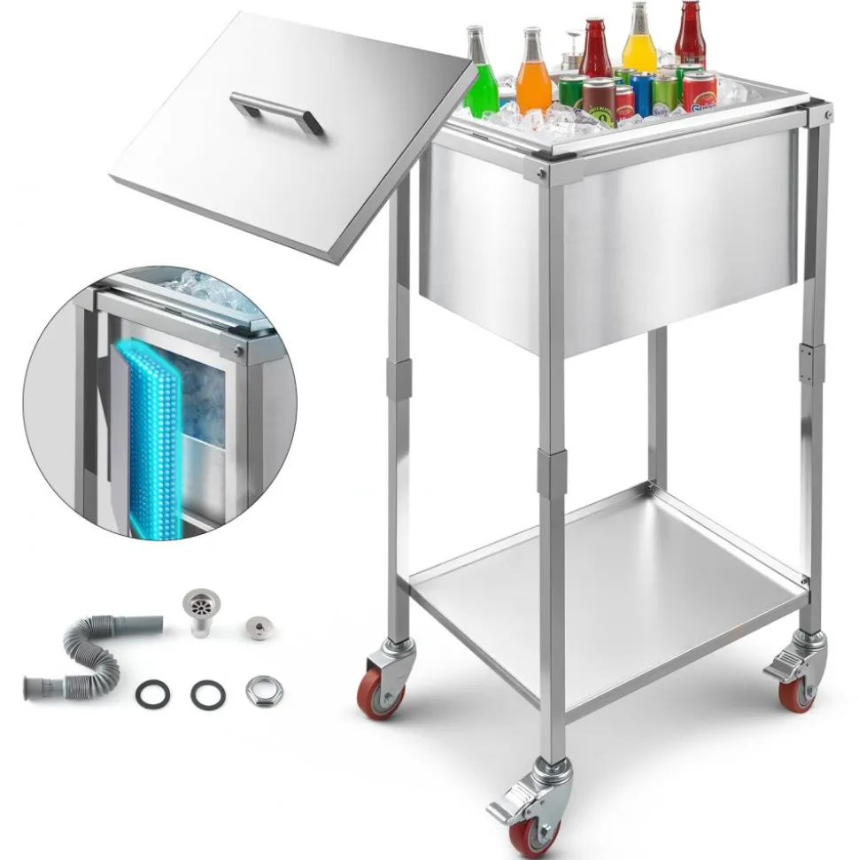 VEVOR Rolling Ice Chest Cooler Cart, 22"L x 16"W x 38"H Stainless Steel Cooling Bin on Wheels, 32.8 Quart Outdoor Stand Up Cooler Trolley with Shelf, for Patio Backyard Party Bar Cold Drinks