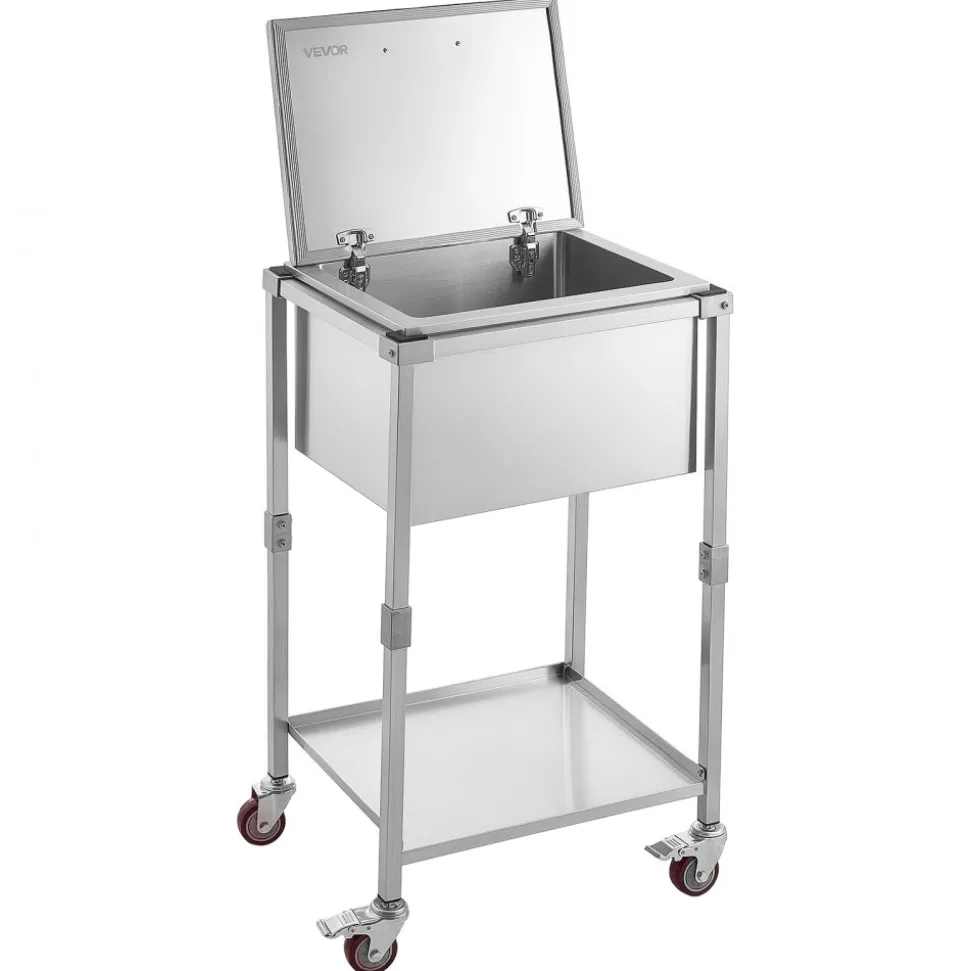 VEVOR Rolling Ice Chest Cooler Cart Stainless Steel Cooling Bin 57.7 Quart, Outdoor Stand Up Cooler Trolley with Wheels, Flip Lid, and Shelf, for Patio Backyard Party Bar Cold Drinks, 22x17.9x39.5 in