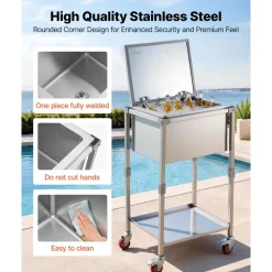 VEVOR Rolling Ice Chest Cooler Cart Stainless Steel Cooling Bin 57.7 Quart, Outdoor Stand Up Cooler Trolley with Wheels, Flip Lid, and Shelf, for Patio Backyard Party Bar Cold Drinks, 22x17.9x39.5 in