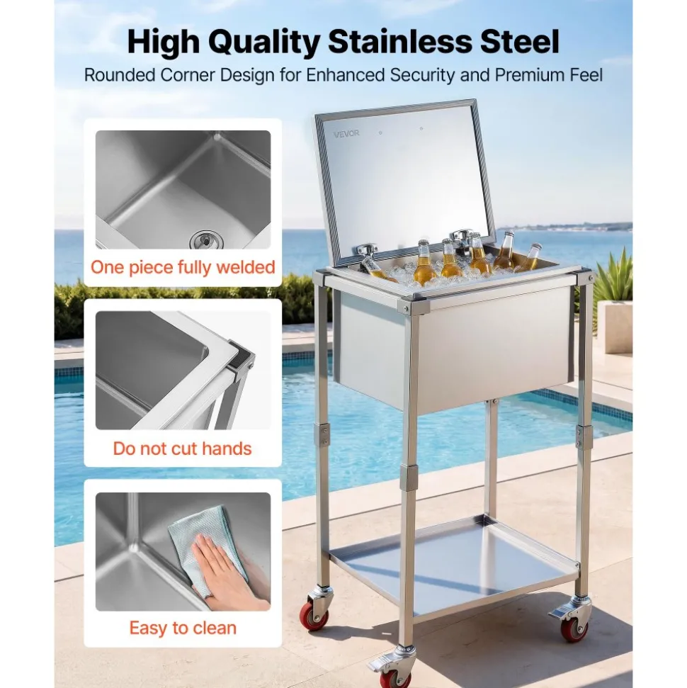 VEVOR Rolling Ice Chest Cooler Cart Stainless Steel Cooling Bin 57.7 Quart, Outdoor Stand Up Cooler Trolley with Wheels, Flip Lid, and Shelf, for Patio Backyard Party Bar Cold Drinks, 22x17.9x39.5 in