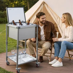 VEVOR Rolling Ice Chest Cooler Cart Stainless Steel Cooling Bin 57.7 Quart, Outdoor Stand Up Cooler Trolley with Wheels, Flip Lid, and Shelf, for Patio Backyard Party Bar Cold Drinks, 22x17.9x39.5 in