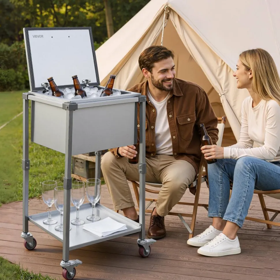 VEVOR Rolling Ice Chest Cooler Cart Stainless Steel Cooling Bin 57.7 Quart, Outdoor Stand Up Cooler Trolley with Wheels, Flip Lid, and Shelf, for Patio Backyard Party Bar Cold Drinks, 22x17.9x39.5 in