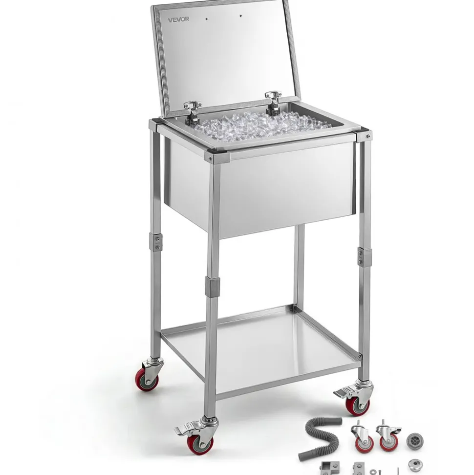VEVOR Rolling Ice Chest Cooler Cart Stainless Steel Cooling Bin 57.7 Quart, Outdoor Stand Up Cooler Trolley with Wheels, Flip Lid, and Shelf, for Patio Backyard Party Bar Cold Drinks, 22x17.9x39.5 in