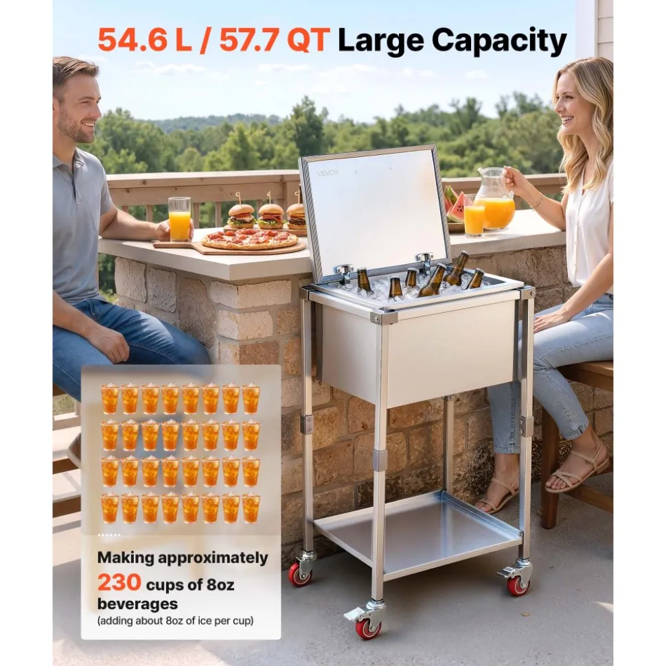 VEVOR Rolling Ice Chest Cooler Cart Stainless Steel Cooling Bin 57.7 Quart, Outdoor Stand Up Cooler Trolley with Wheels, Flip Lid, and Shelf, for Patio Backyard Party Bar Cold Drinks, 22x17.9x39.5 in