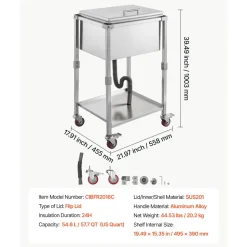 VEVOR Rolling Ice Chest Cooler Cart Stainless Steel Cooling Bin 57.7 Quart, Outdoor Stand Up Cooler Trolley with Wheels, Flip Lid, and Shelf, for Patio Backyard Party Bar Cold Drinks, 22x17.9x39.5 in