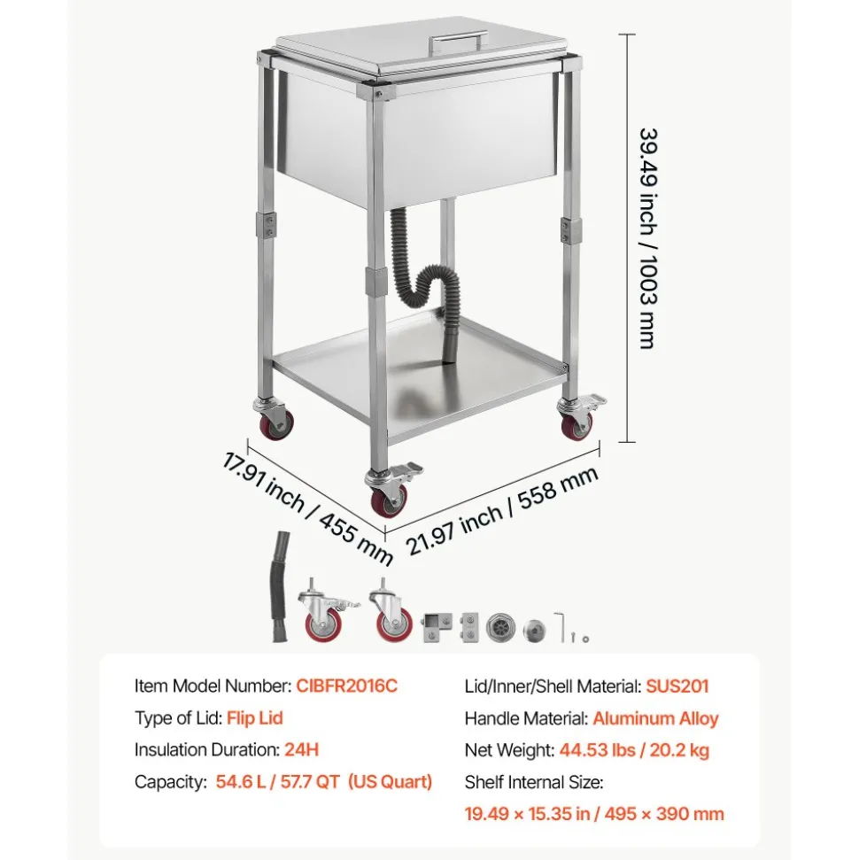 VEVOR Rolling Ice Chest Cooler Cart Stainless Steel Cooling Bin 57.7 Quart, Outdoor Stand Up Cooler Trolley with Wheels, Flip Lid, and Shelf, for Patio Backyard Party Bar Cold Drinks, 22x17.9x39.5 in