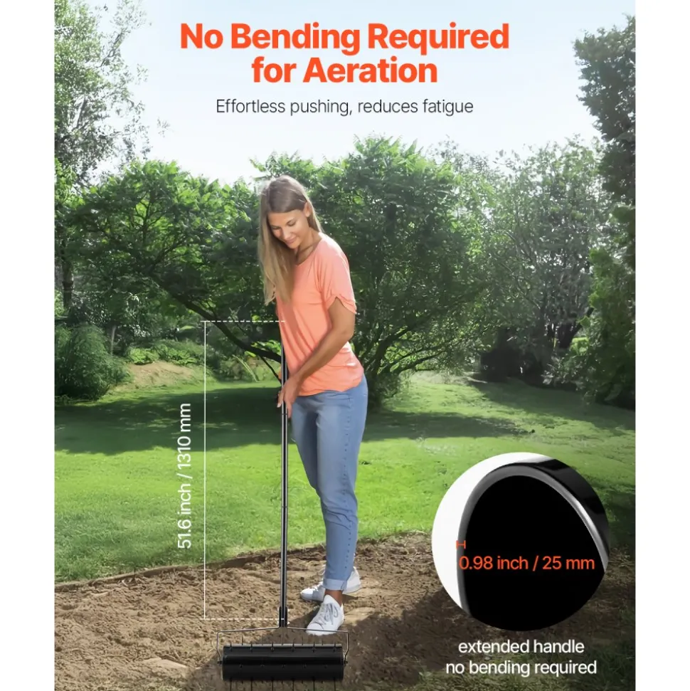 VEVOR Rolling Lawn Aerator, 21-inch Heavy-Duty Manual Rolling Aerator Lawn with Detachable Handle and 33 Iron Spikes, Rolling Lawn Aeration Tool for Garden Patio Yard Compacted Soils and Lawns, Black