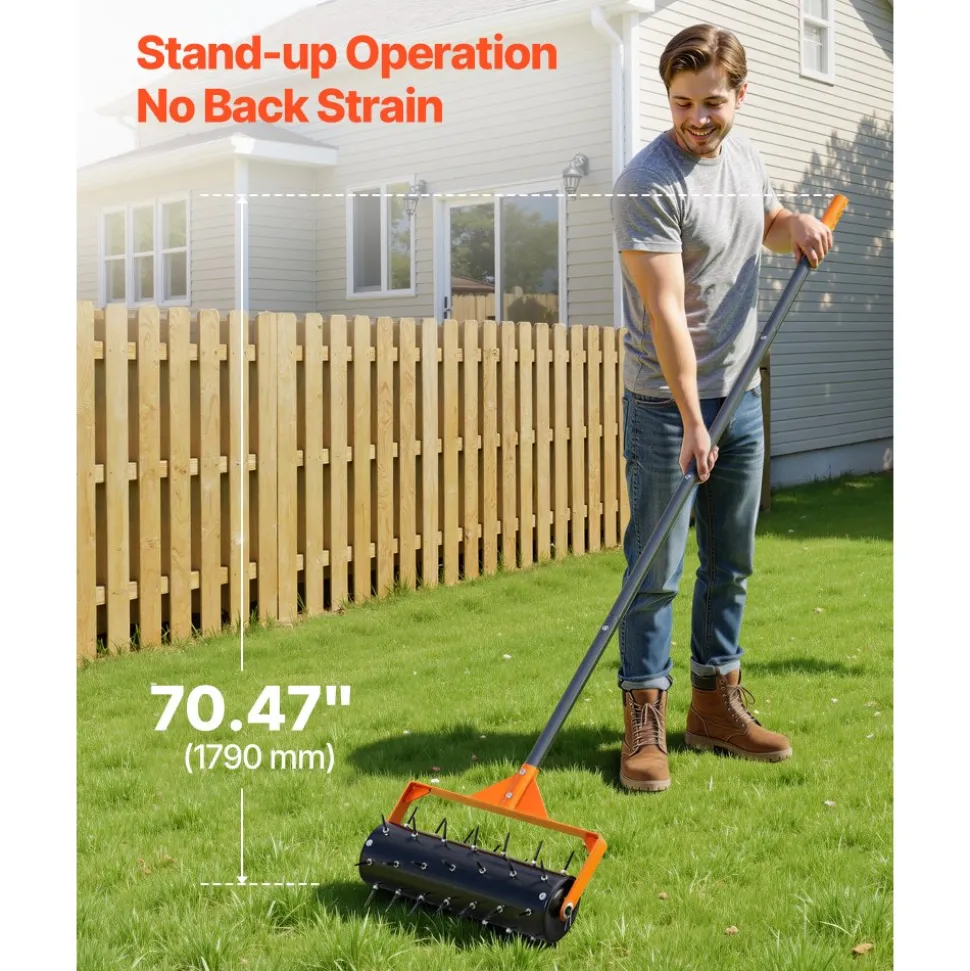 VEVOR Rolling Lawn Aerator, 15 in Manual Push Aerator Roller with 42 Spikes & 60 in Long Handle, Fillable Drum for Added Weight, Heavy-Duty Lawn Soil Penetrator for Garden Yard Compacted Soils