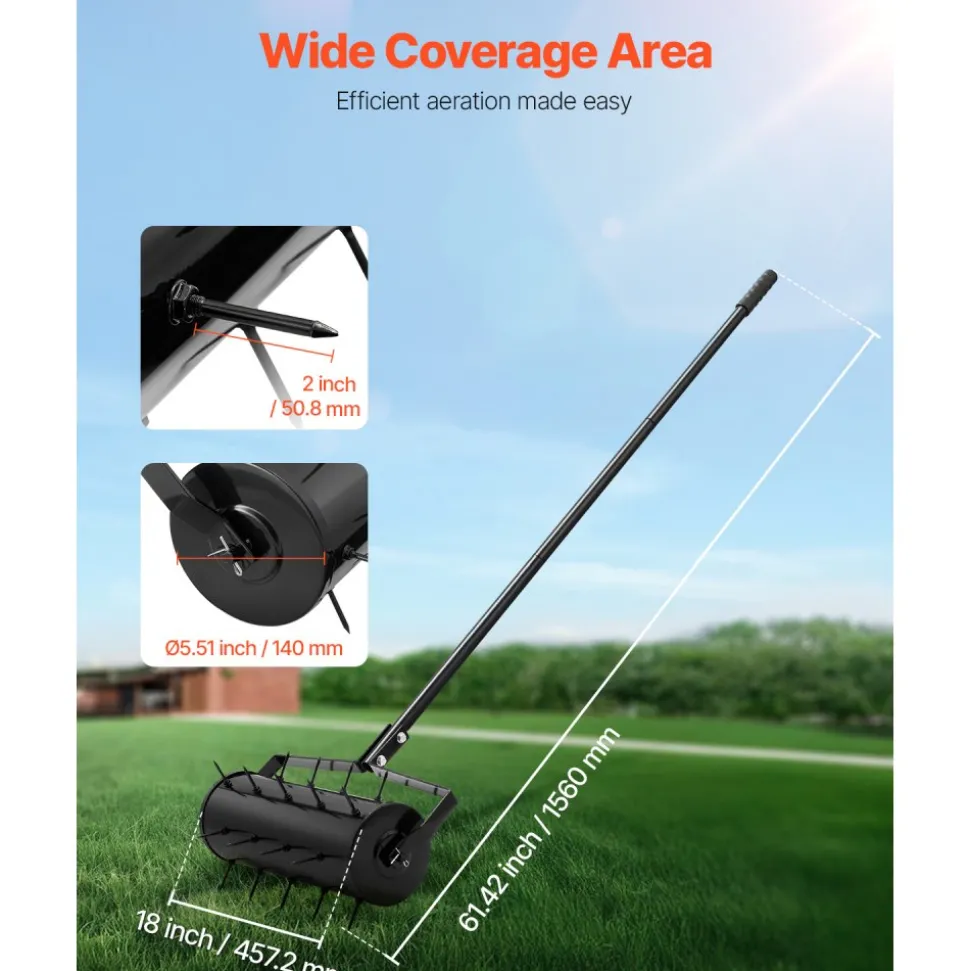 VEVOR Rolling Lawn Aerator, 18-inch Heavy-Duty Manual Rolling Aerator Lawn with Detachable Handle and 27 Iron Spikes, Rolling Lawn Aeration Tool for Garden Patio Yard Compacted Soils and Lawns, Black