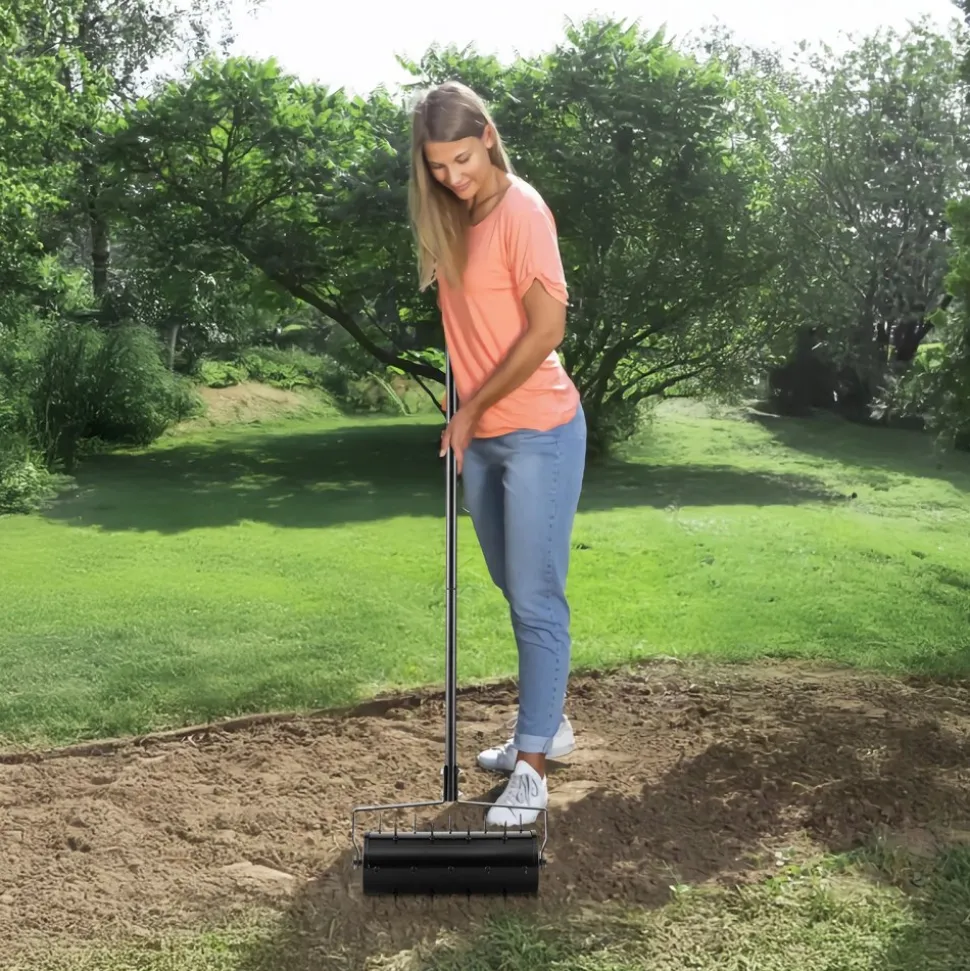 VEVOR Rolling Lawn Aerator, 18-inch Heavy-Duty Manual Rolling Aerator Lawn with Detachable Handle and 27 Iron Spikes, Rolling Lawn Aeration Tool for Garden Patio Yard Compacted Soils and Lawns, Black