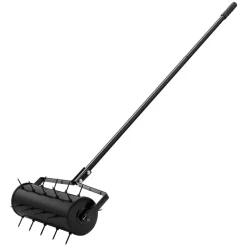 VEVOR Rolling Lawn Aerator, 18-inch Heavy-Duty Manual Rolling Aerator Lawn with Detachable Handle and 27 Iron Spikes, Rolling Lawn Aeration Tool for Garden Patio Yard Compacted Soils and Lawns, Black