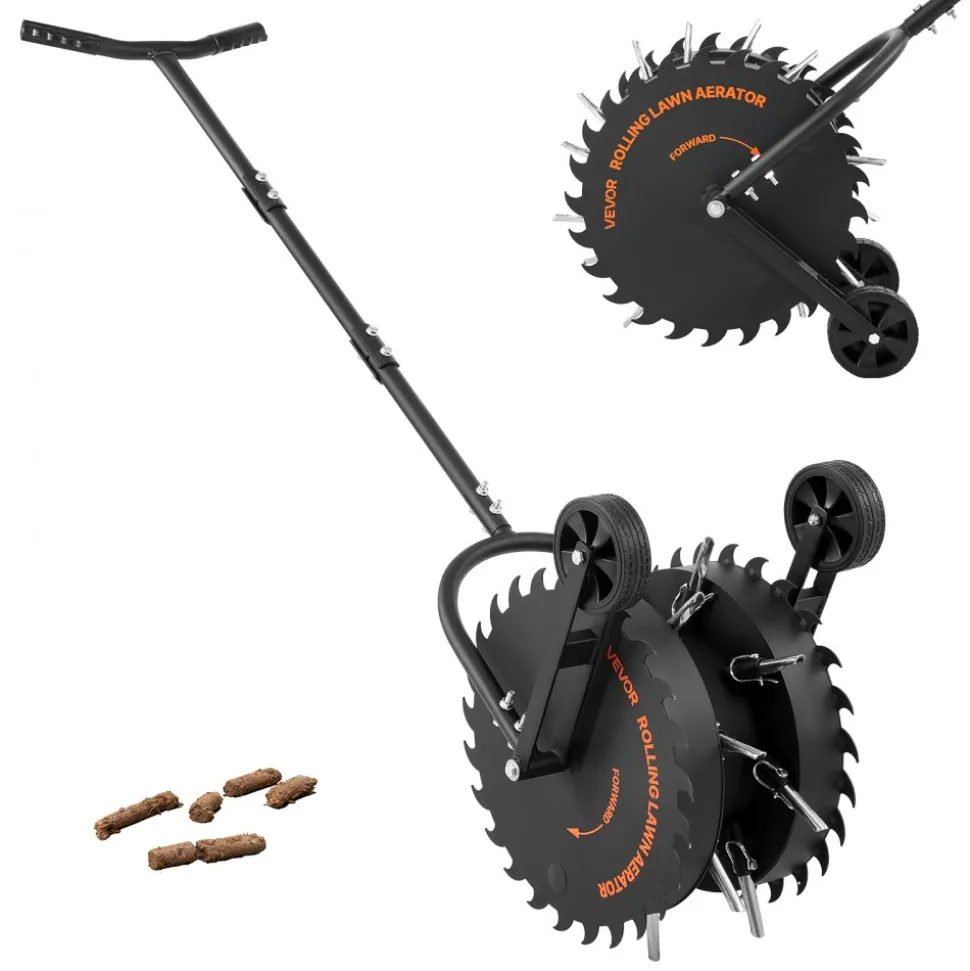 VEVOR Rolling Lawn Core Aerator, 16.6 in Coring Aerator Roller with Anti-Clog Tines, Heavy Duty & Rust-Resistant, Yard Grass Pulling Plugs Manual Aeration Tool for Compacted Garden Soil Loosening