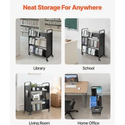 VEVOR Rolling Library Book Cart, 330 lbs Capacity, 38.2 x 20.3 x 48.2-Inch Library Cart, Double Sided W-Shaped Shelves with 3-Inch Lockable Wheels, Book Truck for Home Shelves Office and School, Black