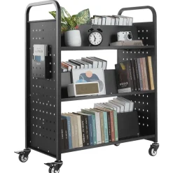 VEVOR Rolling Library Book Cart, 330 lbs Capacity, 38.2 x 20.3 x 48.2-Inch Library Cart, Double Sided W-Shaped Shelves with 3-Inch Lockable Wheels, Book Truck for Home Shelves Office and School, Black