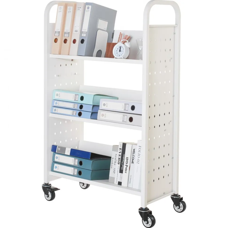 VEVOR Rolling Library Book Cart, 330 lbs Capacity, 30.3 x 15 x 48.0-Inch Library Cart, Single Sided V-Shaped Shelves with 3-Inch Lockable Wheels, Book Truck for Home Shelves Office and School, White